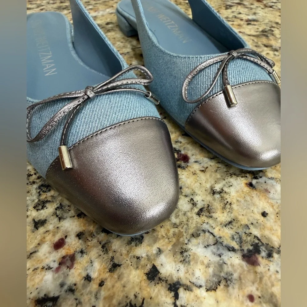 NWOT Stuart Weitzman Sleek Denim Bow Slingback Flat, Size 7.5